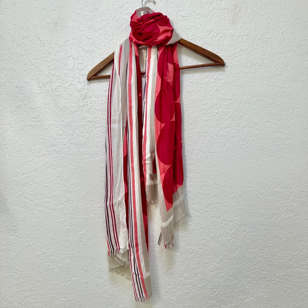 LOFT Women's Red Pink Tan Circles Stripes Lightweight Scarf Rayon Not